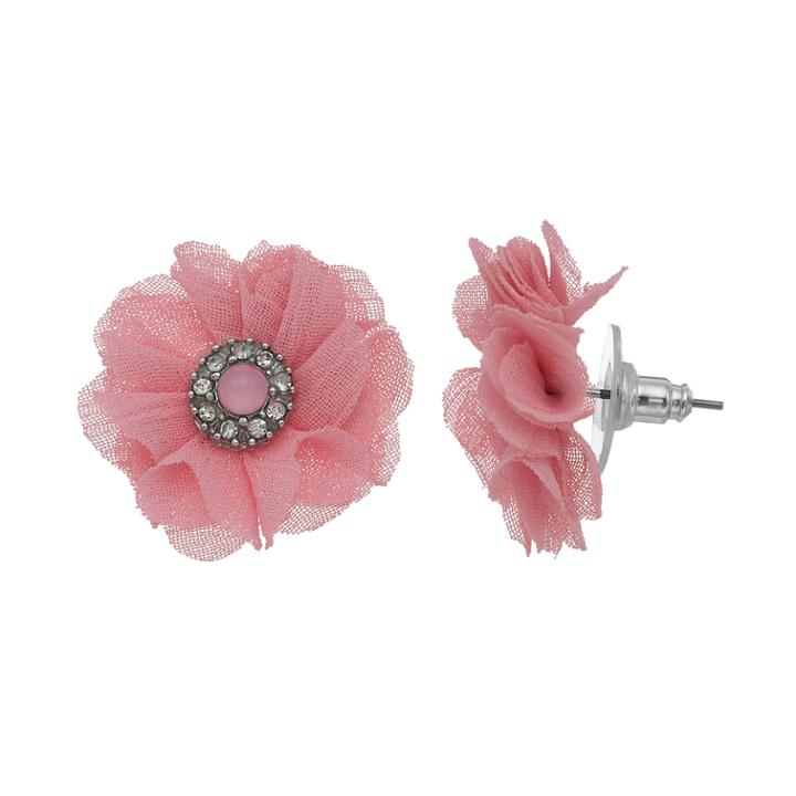 Pink Mesh Fabric Flower Stud Earrings, Women's