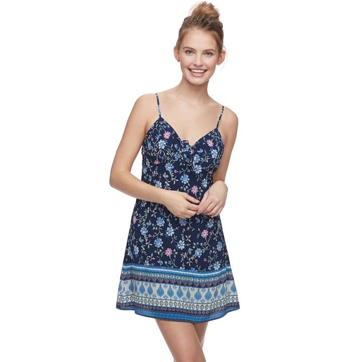 Juniors' Trixxi Tie-front Floral Swing Dress, Teens, Size: Medium, Blue