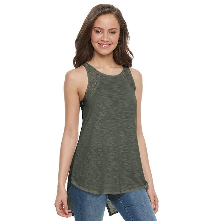 Juniors' So&reg; Lace Trim Split-back Tank, Teens, Size: Xl, Dark Green