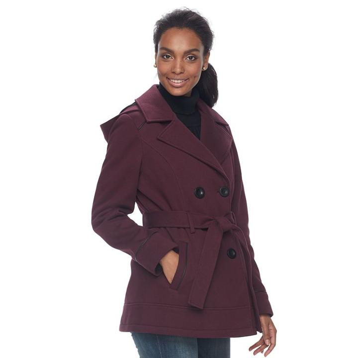 Women's D.e.t.a.i.l.s Double Breasted Faux-leather Trim Fleece Jacket, Size: Xl, Red