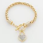 Elegante 18k Gold Over Brass Two Tone Diamond Accent Heart Charm Wheat Chain Bracelet, Women's, White