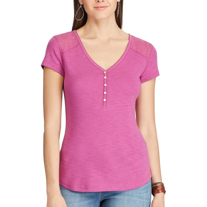 Women's Chaps Lace Yoke Henley, Size: Medium, Blue