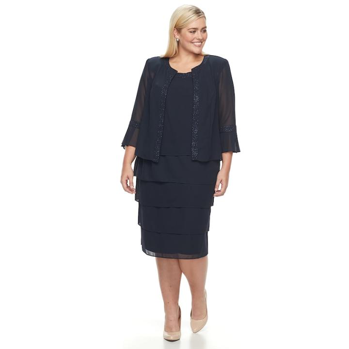 Plus Size Maya Brooke Tiered Dress & Jacke Set, Women's, Size: 24 W, Blue (navy)