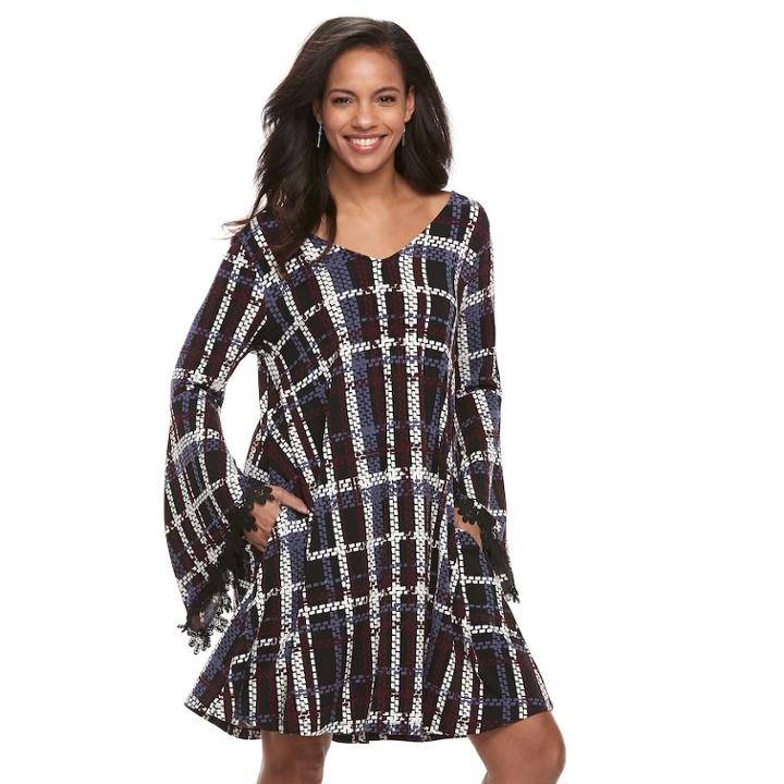 Women's Nina Leonard Floral Bell Sleeve A-line Dress, Size: Large, Black