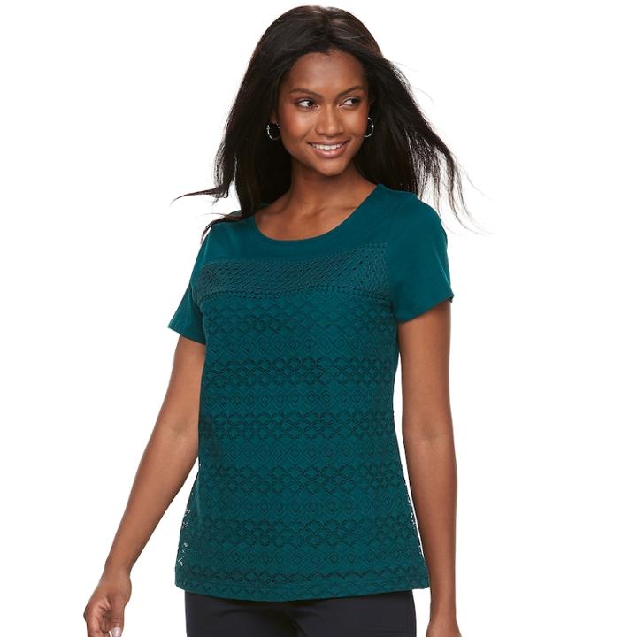 Women's Croft & Barrow&reg; Mixed-media Lace Tee, Size: Large, Dark Blue