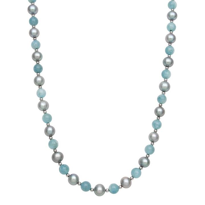 Sterling Silver Dyed Freshwater Cultured Pearl And Aquamarine Bead Necklace, Women's, Size: 18, Multicolor