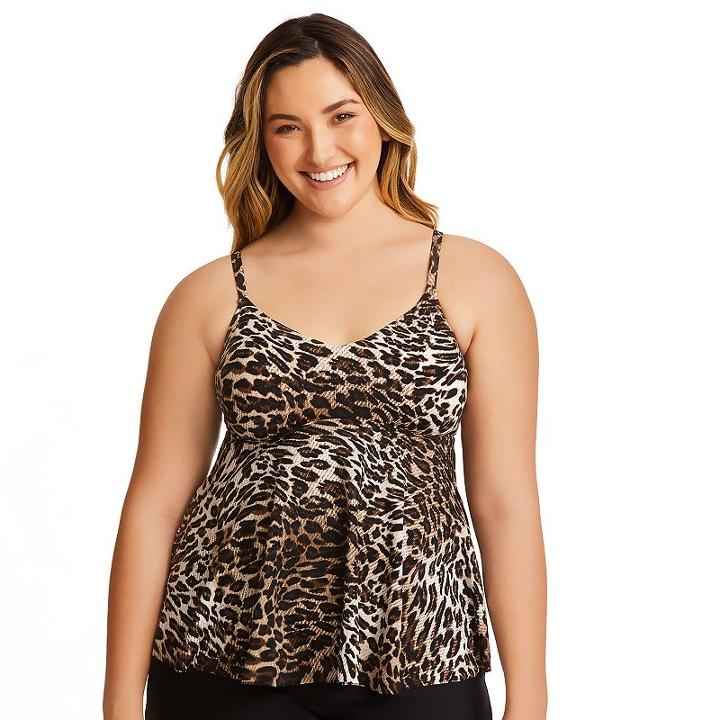 Plus Size Upstream Leopard Print Tankini Top, Women's, Size: 20 W, Brown