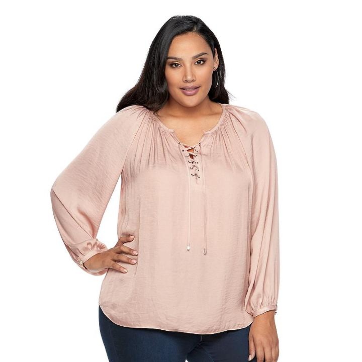 Plus Size Jennifer Lopez Lace-up Blouse, Women's, Size: 3xl, Pink