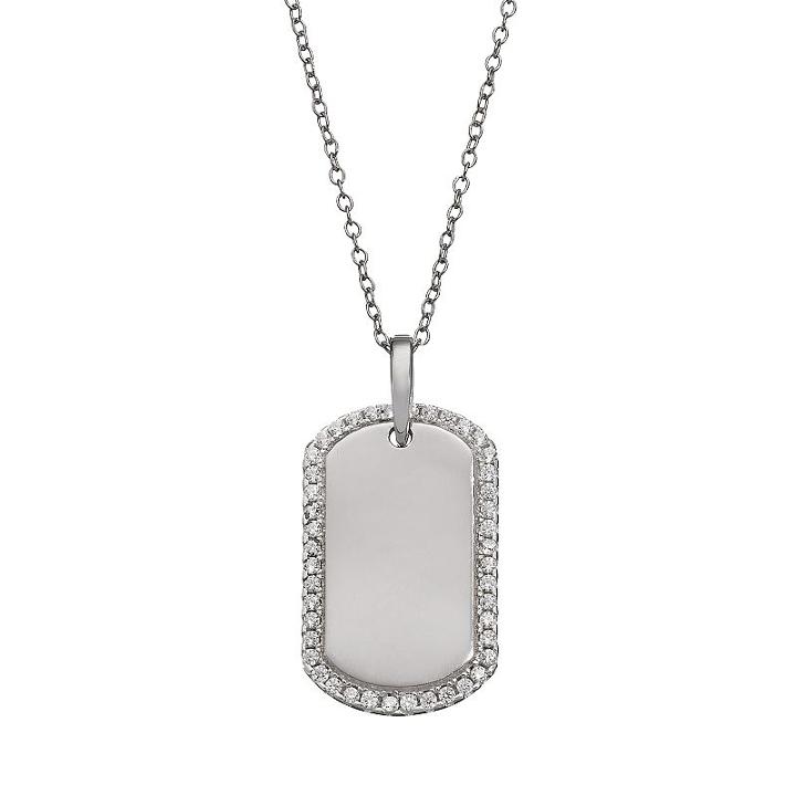 Qnotes Cubic Zirconia Sterling Silver Dog Tag Necklace, White