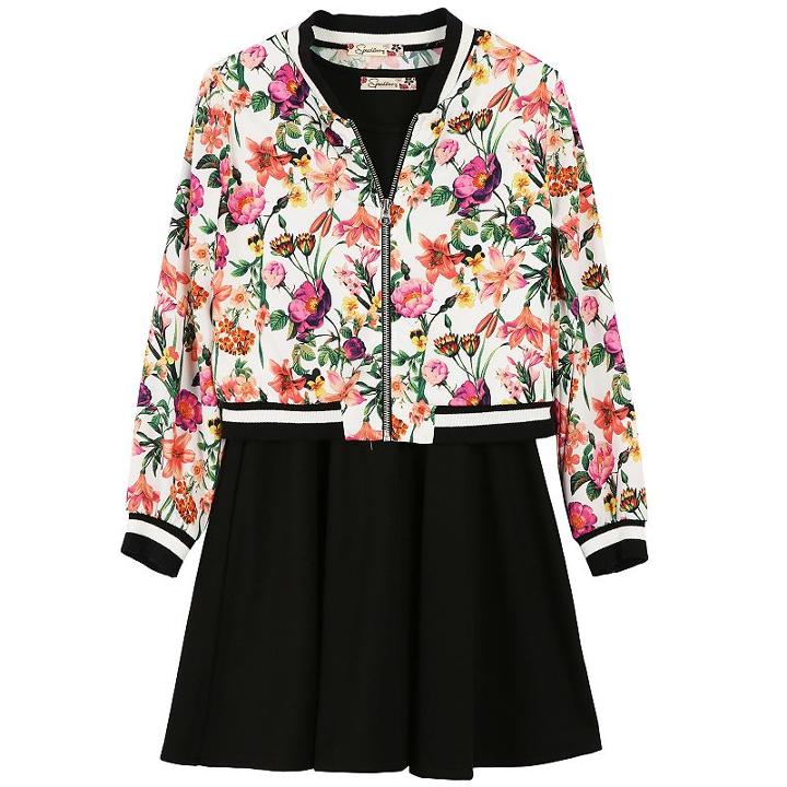 Girls 7-16 Speechless Floral Bomber Jacket & Solid Skater Dress, Size: 14, White Oth