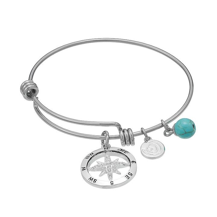 Love This Life Simulated Turquoise & Crystal Compass Charm Bangle Bracelet, Women's, White