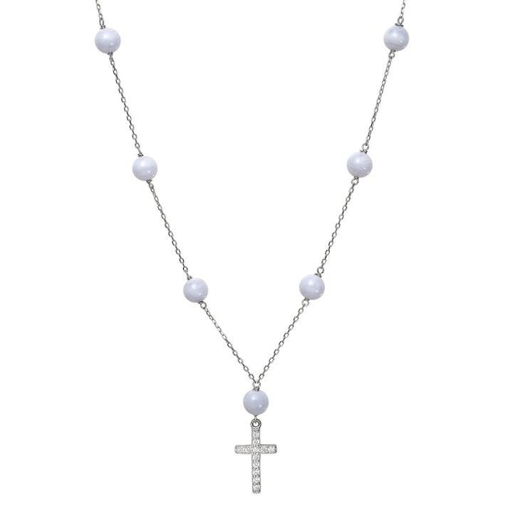 Sterling Silver Blue Agate & Cubic Zirconia Beaded Cross Necklace, Women's, Size: 18