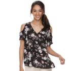 Juniors' Pink Republic Cold-shoulder V-neck Tee, Teens, Size: Small, Black