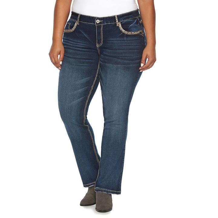 Plus Size Rhythm In Blues Embroidered Slim Bootcut Jeans, Women's, Size: 16 W, Dark Blue