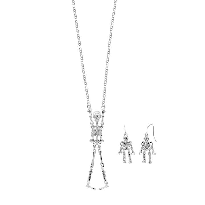 Shaky Skeleton Pendant & Drop Earring Set, Women's, Silver