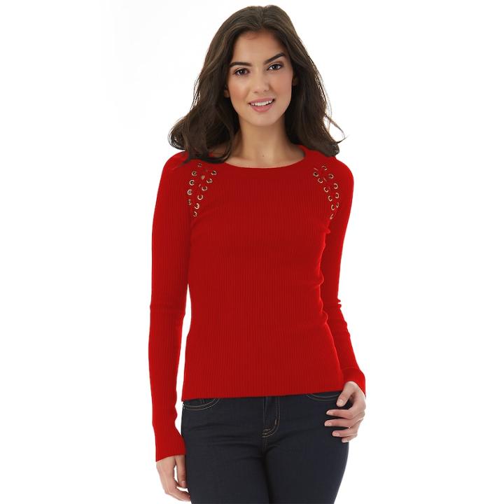 Juniors' Iz Byer California Ribbed Lace-up Sweater, Teens, Size: Small, Red