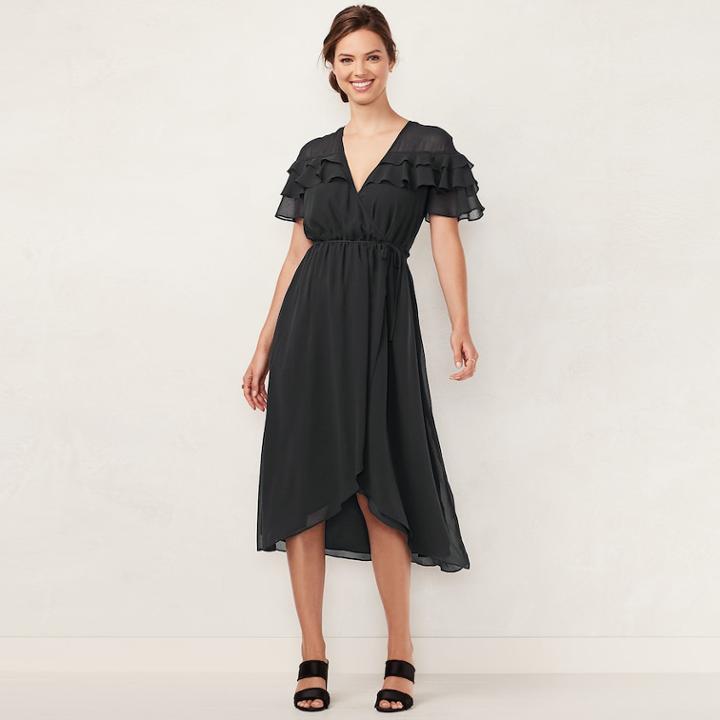 Women's Lc Lauren Conrad Ruffle Faux-wrap Midi Dress, Size: Xl, Black