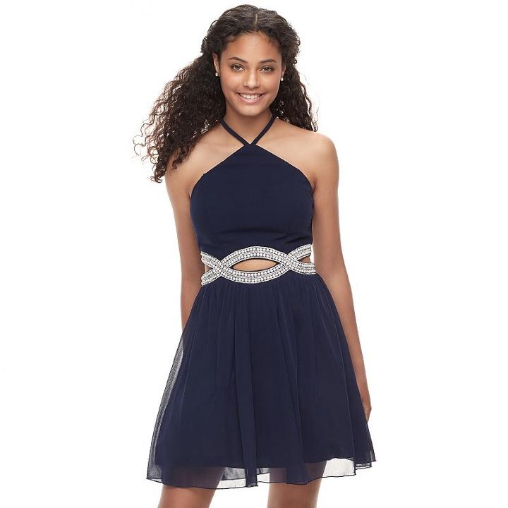 Juniors' Speechless Halter Cutout Waist Skater Dress, Teens, Size: 3, Dark Blue