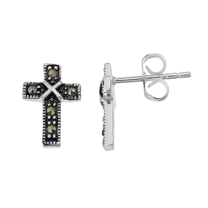 Silver Luxuries Marcasite Cross Stud Earrings, Women's, Grey