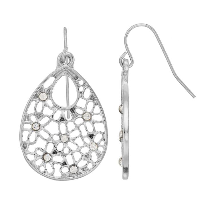 Filigree Flower Nickel Free Teardrop Earrings, Women's, Silver