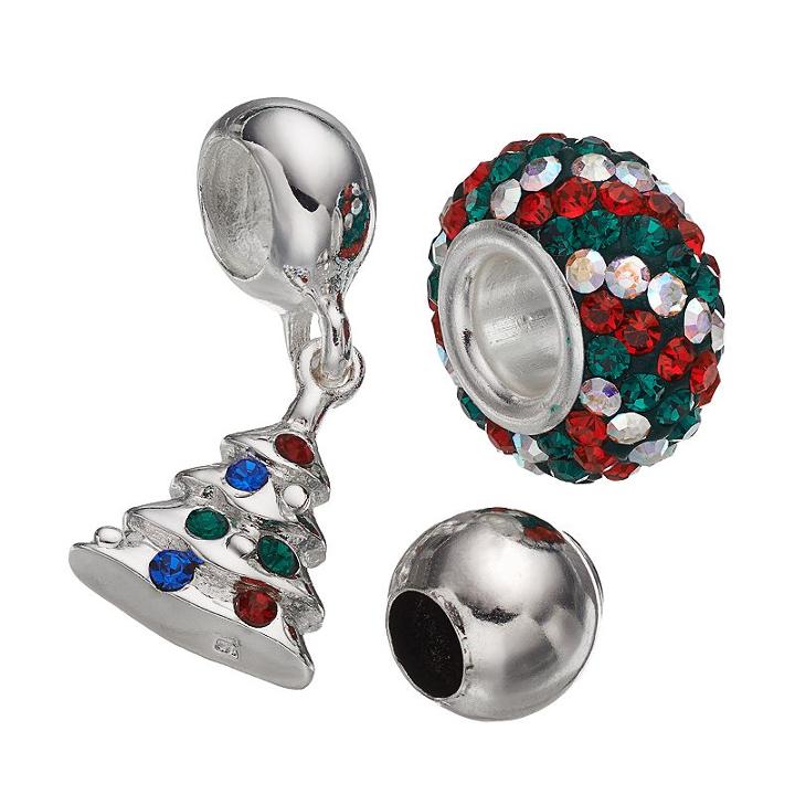 Individuality Beads Crystal Sterling Silver Bead And Christmas Tree Charm Set, Women's, Multicolor