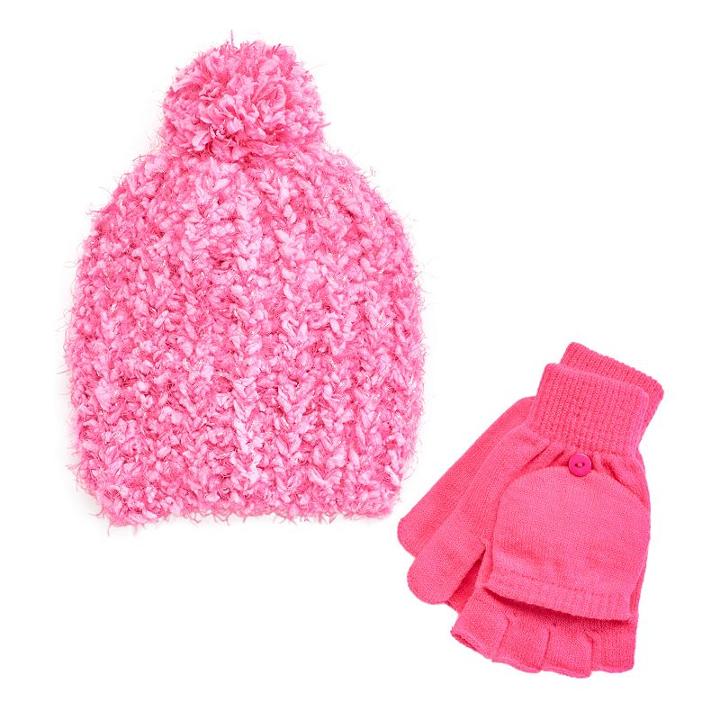 Girls 4-14 So&reg; Marled Sparkle Pom-pom Hat & Flip-top Fingerless Gloves Set, Girl's, Size: M-l, Med Pink