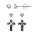 Silver Luxuries Silver-plated Marcasite & Cubic Zirconia Cross Stud Earring Set, Women's, White