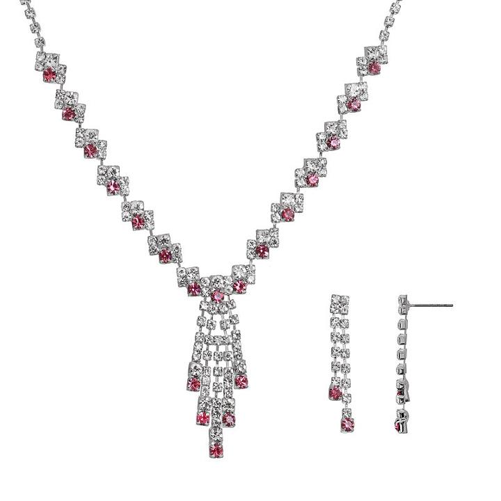 Crystal Allure Fringe Y Necklace And Linear Drop Earrings, Women's, Size: 13.5, Pink