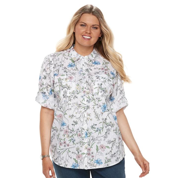 Plus Size Croft & Barrow&reg; Roll-tab Woven Shirt, Women's, Size: 1xl, Med Blue
