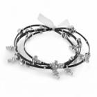 Silver Plate And Black-coated Stainless Steel Crystal Cross Charm Wire Bangle Bracelet Set, Women's, Black