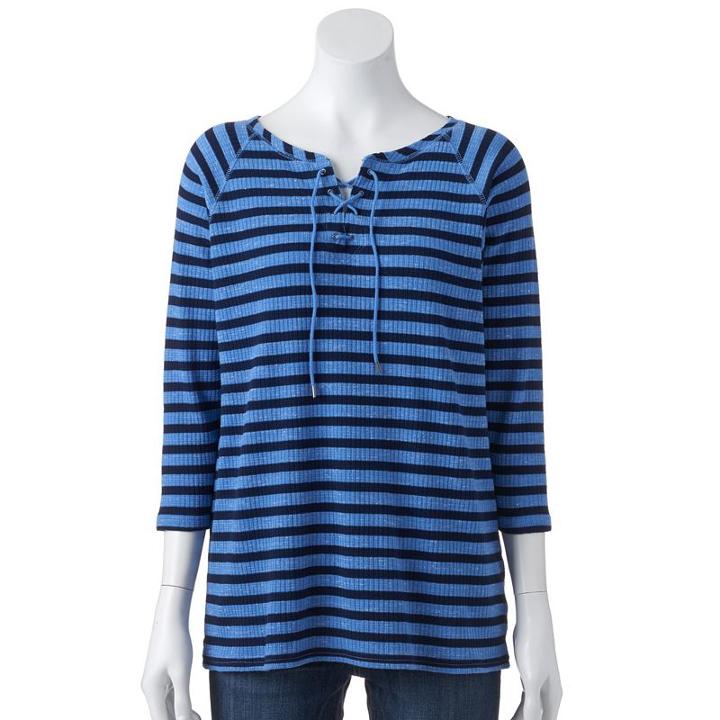 Women's Chaps Striped Lace-up Top, Size: Large, Blue