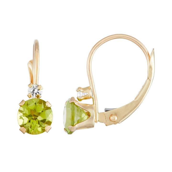 10k Gold Round-cut Peridot & White Zircon Leverback Earrings, Women's, Green