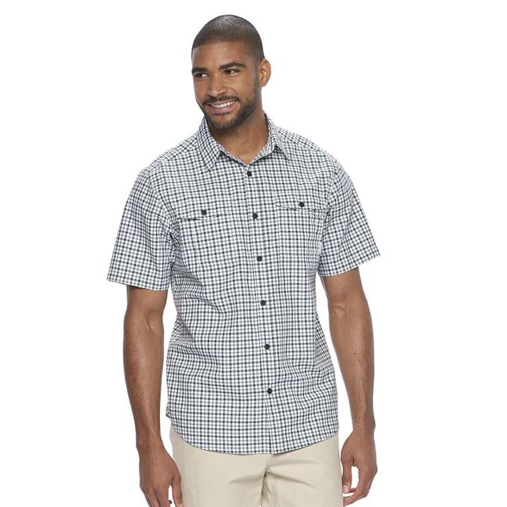 Men's Columbia Omni-shade Glen Meadows Gingham Button-down Shirt, Size: Xl, Grey (charcoal)