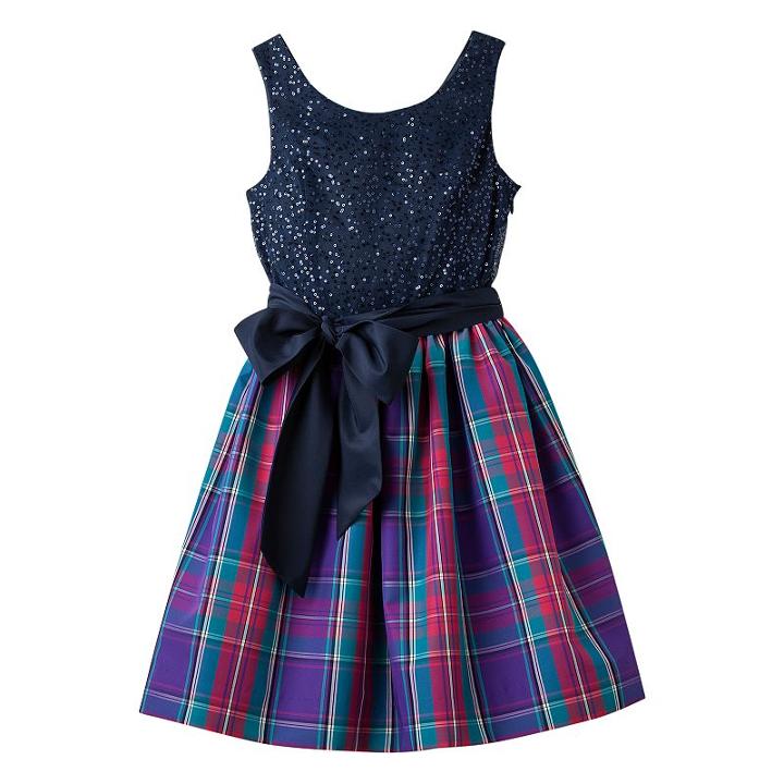 Girls 7-16 Chaps Sparkle Sequin Plaid Party Dress, Size: 12, Blue (navy)