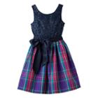 Girls 7-16 Chaps Sparkle Sequin Plaid Party Dress, Size: 12, Blue (navy)