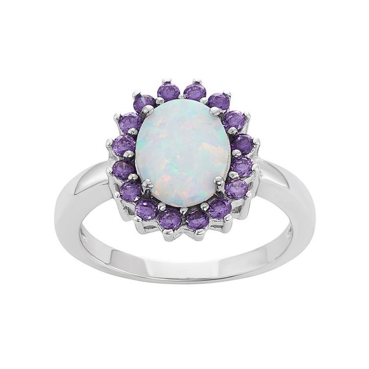 Sterling Silver Lab-created Opal & Cubic Zirconia Oval Halo Ring, Women's, Size: 9, Purple