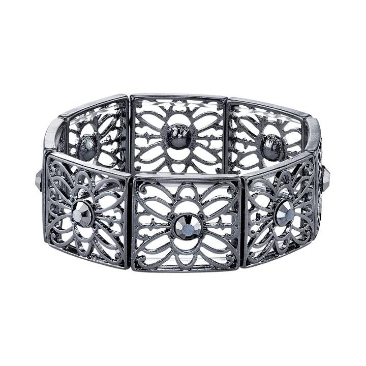 1928 Round Stone Filigree Stretch Bracelet, Women's, Size: 7, Black