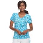Women's Caribbean Joe Print Ruched Tee, Size: Xl, Turquoise/blue (turq/aqua)