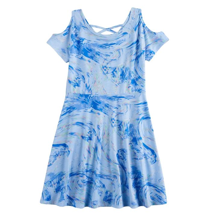 Girls 7-16 So&reg; Patterned Cold Shoulder Criss-cross Dress, Size: Xl/14, Natural