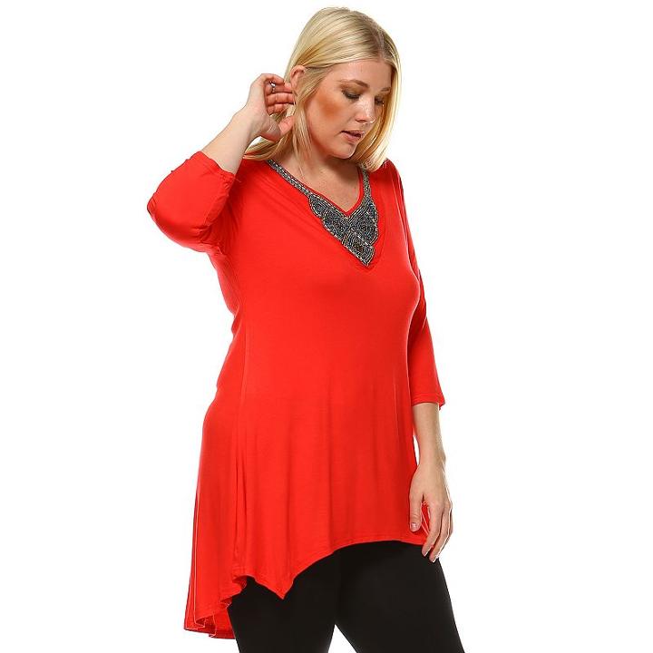 Plus Size White Mark Beaded High-low Hem Tunic, Women's, Size: 1xl, Red