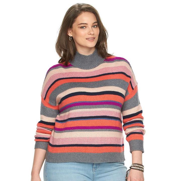 Plus Size Chaps Striped Mockneck Sweater, Women's, Size: 3xl, Pink Other