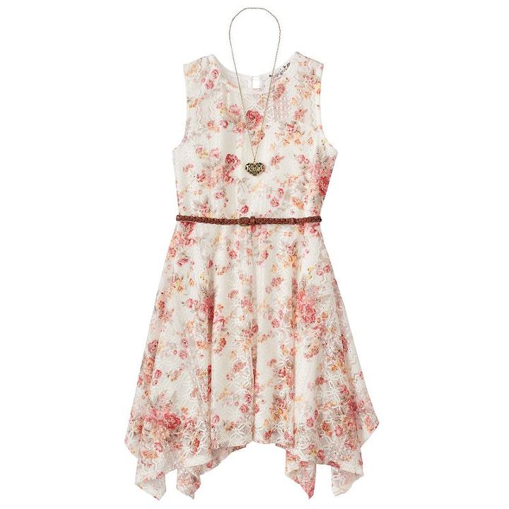 Girls 7-16 Knitworks Belted Handkerchief Hem Floral Lace Skater Dress With Necklace, Girl's, Size: 8, Lt Beige