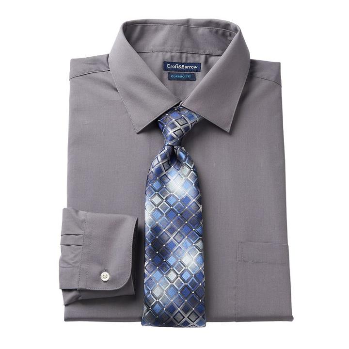 Men's Croft & Barrow&reg; Classic-fit Stretch-collar Dress Shirt And Patterned Tie Boxed Set, Size: S 32-33, Grey