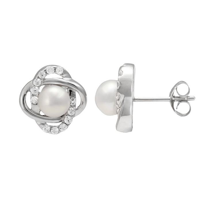 Sterling Silver Freshwater Cultured Pearl And Lab-created White Sapphire Knot Stud Earrings, Women's