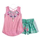 Girls 7-16 Self Esteem Graphic Print Tank Top & Patterned Shorts Set With Necklace, Size: Xl, Brt Pink