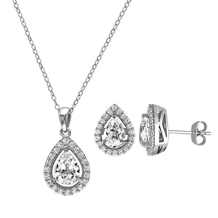 Lab-created White Sapphire Sterling Silver Teardrop Halo Pendant Necklace & Stud Earring Set, Women's, Size: 18