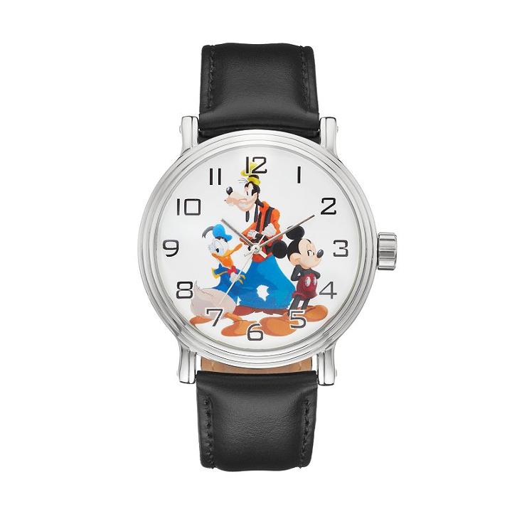 Disney's Mickey Mouse, Donald Duck & Goofy Men's Leather Watch, Black
