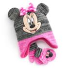 Disney's Minnie Mouse Toddler Girl 3d Ears Trapper Hat & Mittens Set, Dark Red