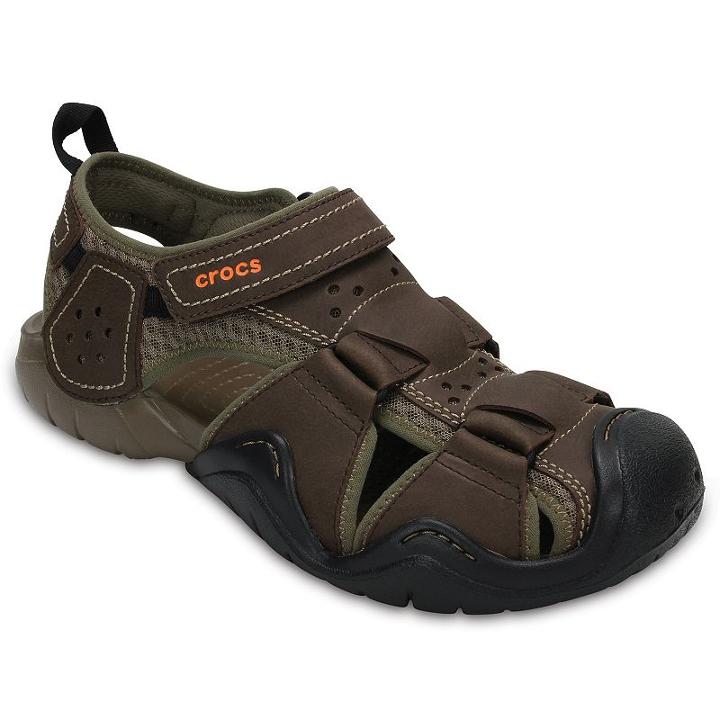 Crocs Swiftwater Men's Leather Fisherman Sandals, Size: 10, Brown