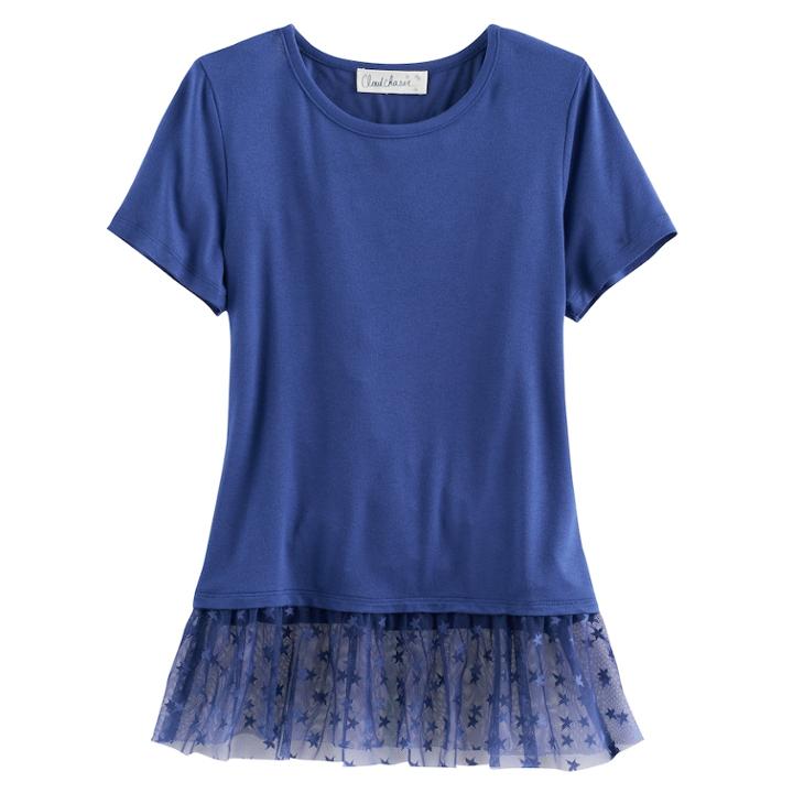 Girls 7-16 Cloud Chaser Tulle Hem Patterned Tee, Size: Medium, Blue (navy)
